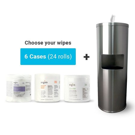 ZOGICS Floor Stand Wipe Dispenser and Wipes Bundle, Stainless Steel, Wellness Center Wipes, 24PK Z650-S-Z1000-24